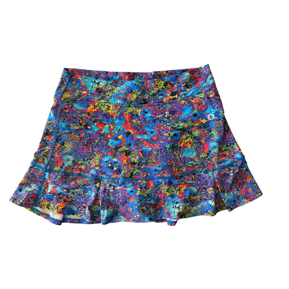 Dona Jo Skort Birdie Vibrant Abstract Floral Print Blue Pink Orange Yellow 2-Lg